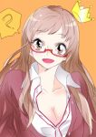  1girl ? ano_fuji breasts brown_eyes brown_hair cleavage glasses long_hair looking_at_viewer okujou_no_yurirei-san orange_background simple_background smile solo tima 