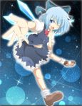  1girl blue_eyes blue_hair bow bubble cirno do_(4-rt) fang finger_to_mouth highres ice ice_wings letterboxed lights looking_at_viewer midriff navel open_mouth outstretched_arm outstretched_hand shirt skirt skirt_set smile solo touhou vest wings wink 