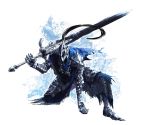  1boy armor artorias_the_abysswalker cape dark_souls full_armor gauntlets greaves helmet one_knee over_shoulder pauldrons plume ruuto_(sorufu) simple_background solo sword weapon weapon_over_shoulder 