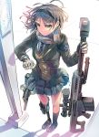  1girl anti-materiel_rifle barrett barrett_m82 blazer brown_hair daito gloves gun hairband highres leg_strap multiple_weapons necktie original rifle scarf school_uniform scope short_hair skirt sniper_rifle solo sweater_vest weapon 