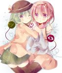  2girls blush eyeball green_hair hairband hat hat_ribbon heart heart_of_string komeiji_koishi komeiji_satori kotobuki_runa multiple_girls pink_hair ribbon short_hair siblings sisters skirt smile subterranean_animism thigh-highs third_eye touhou violet_eyes 