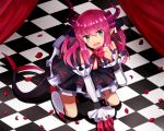  1girl blue_eyes checkered checkered_floor claws curtains detached_sleeves dress fate/extra fate/extra_ccc fate_(series) horns lancer_(fate/extra_ccc) long_hair motiumai pink_hair pointy_ears pointy_shoes solo tail two_side_up 