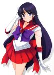  1girl ax-s bishoujo_senshi_sailor_moon black_hair bowtie brooch earrings elbow_gloves gloves heart hino_rei jewelry long_hair pleated_skirt sailor_mars skirt solo super_sailor_mars very_long_hair violet_eyes white_background 