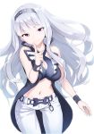  1girl bare_shoulders breasts cleavage cleavage_cutout hairband idolmaster large_breasts long_hair looking_at_viewer midriff mofu navel pants shijou_takane silver_hair simple_background smile solo violet_eyes wristband 