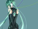 1girl absurdres elbow_gloves from_behind gloves green_eyes green_hair hatsune_miku headphones highres long_hair looking_back simple_background sin_(btc86amme) solo twintails very_long_hair vocaloid 
