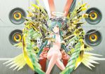  ak2 arm_warmers blue_hair breasts chair character_request halo highres long_hair midriff nail_polish nude red_eyes sitting speaker wings 