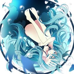  1girl aqua_eyes aqua_hair barefoot bubble feet hatsune_miku leg_hug long_hair shinkai_shoujo_(vocaloid) solo twintails upside-down very_long_hair vocaloid wogura 