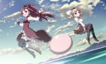  2girls bare_shoulders beret black_legwear blue_sky blush boots clouds dango detached_sleeves drill_hair food hair_ornament hair_ribbon hat izumi_bell long_hair mahou_shoujo_madoka_magica multiple_girls open_mouth ponytail red_eyes redhead ribbon sakura_kyouko skirt sky smile thigh-highs tomoe_mami twin_drills wagashi windmill yellow_eyes 