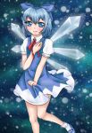  1girl blue_dress blue_eyes blue_hair bow chisananeko cirno dress hair_bow highres ice ice_wings short_hair smile solo touhou wings ⑨ 