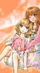 2girls arm_support blush brown_eyes brown_hair character_request dress futaba_anzu hair_ornament idolmaster idolmaster_cinderella_girls jewelry kneeling long_hair multiple_girls necklace orange_hair parted_lips sitting smile stuffed_animal stuffed_toy tagmed twintails wink 