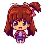  :d blush brown_hair chibi green_eyes happy hepo jewelpet_(series) jewelpet_tinkle lowres open_mouth pixel_art sakura_akari side_ponytail skirt smile 