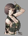  1girl armband bikini black_hair breasts bust cleavage dated explosive gloves grenade highres holly_summers holster junkpuyo knife load_bearing_vest no_more_heroes salute short_hair simple_background solo swimsuit under_boob 