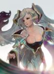  1girl aqua_hair bare_shoulders blonde_hair breasts brown_eyes cleavage dahl-lange gradient_hair hair_ornament highres jewelry league_of_legends long_hair multicolored_hair open_mouth simple_background solo sona_buvelle twintails very_long_hair 