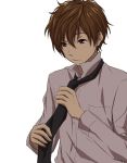  1boy adjusting_necktie brown_hair hyouka kugayama_muneyoshi male necktie red_eyes rito453 short_hair 