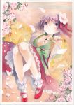  1girl breasts calligraphy_brush cleavage collarbone floral_print flower hair_flower hair_ornament hieda_no_akyuu highres inkblot japanese_clothes kimono long_sleeves lying mosho on_back paintbrush petals puffy_sleeves purple_hair red_string sash socks solo spilling string touhou traditional_media watercolor_(medium) white_legwear wide_sleeves 