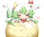  1girl :3 =_= ball blush chibi closed_eyes ex-keine fang green_hair horn_ribbon horns kamishirasawa_keine lowres lying neckerchief on_stomach open_mouth puffy_sleeves rebecca_(keinelove) ribbon scratches short_sleeves signature simple_background sukusuku_hakutaku touhou white_background 