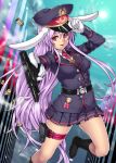 1girl alternate_costume animal_ears boots breasts casing_ejection gun handgun highres houtengeki large_breasts long_hair looking_at_viewer military military_uniform necktie purple_hair rabbit_ears red_eyes reisen_udongein_inaba shell_casing skirt smile solo touhou uniform very_long_hair weapon 