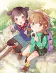  2girls backpack bag blush brown_eyes brown_hair eating fly_333 food happy hat jacket multiple_girls onigiri open_mouth original short_twintails shorts sitting skirt smile twintails v 