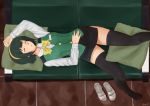  1girl arm_up black_legwear bow bowtie closed_eyes couch cushion fuyube_gin_(huyube) green_hair hairband hand_on_stomach idolmaster lying mole name_tag on_back otonashi_kotori shoes shoes_removed short_hair skirt sleeping solo thigh-highs 