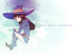  1girl akko_kagari belt boots brown_hair hat highres little_witch_academia long_hair looking_at_viewer piroaki red_eyes sitting star title_drop witch_hat 