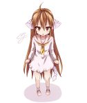  1girl animal_ears brown_eyes brown_hair cat_ears cat_tail dress long_hair mary_janes miyo_(ranthath) neckerchief open_mouth shoes solo tail very_long_hair white_dress 