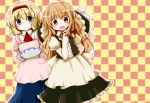  2girls alice_margatroid apron ascot blonde_hair blue_eyes blush_stickers bow braid checkered checkered_background chopsticks dress futami_yayoi hair_bow hand_on_hip hat hat_removed hat_ribbon headband headwear_removed juliet_sleeves kirisame_marisa leaning long_hair long_sleeves looking_at_viewer multiple_girls open_mouth plate polka_dot_apron puffy_sleeves ribbon short_hair short_sleeves single_braid skirt smile touhou vest waist_apron witch_hat yellow_eyes 