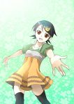  1girl black_hair black_legwear brown_eyes dress duck_hair_ornament fuura_kafuka hair_ornament nekozuki_yuki open_mouth outstretched_arms sayonara_zetsubou_sensei short_hair smile solo thigh-highs 