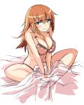  1girl bed_sheet blue_eyes blush bow bra breasts charlotte_e_yeager cleavage large_breasts long_hair michairu on_bed orange_hair panties rough sitting solo strike_witches sweatdrop underwear underwear_only 