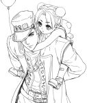  1boy 1girl balloon child double_bun father_and_daughter hat jojo_no_kimyou_na_bouken kuren kuujou_jolyne kuujou_joutarou long_coat monochrome piggyback stuffed_animal stuffed_toy teddy_bear young 