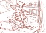  1girl akko_kagari computer hat laptop little_witch_academia monochrome on_bed pan!ies sitting sketch solo witch witch_hat 
