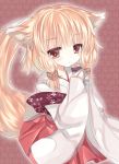  1girl animal_ears blonde_hair food fox_ears fox_tail looking_at_viewer original red_eyes simple_background suzune_rena tail traditional_clothes 