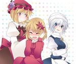  3girls aki_minoriko aki_shizuha blonde_hair blue_eyes blush breasts closed_eyes commentary_request covering_ears food fruit grapes hammer_(sunset_beach) hat large_breasts leaf leaf_on_head letty_whiterock multiple_girls open_mouth red_eyes short_hair silver_hair smile touhou 