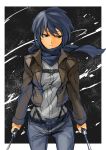  1girl black_hair dual_wielding jacket mikasa_ackerman nkmr8 pants scarf shingeki_no_kyojin short_hair solo sword weapon 