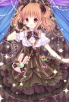  bag beads black_dress bow bracelet candy crescent crescent_moon curtains dress food food_as_clothes food_themed_clothes gloves ice_cream idolmaster idolmaster_cinderella_girls jewelry moon moroboshi_kirari necklace open_mouth orange_hair pantyhose purse rabbit red_eyes smile star twintails 