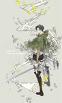  1boy ascot belt black_eyes black_hair boots cape dual_wielding highres jacket q-xxx-d rivaille shingeki_no_kyojin solo sword thigh_strap weapon wire 