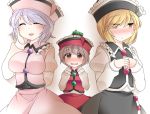  3girls blonde_hair blush brown_eyes brown_hair closed_eyes commentary_request hammer_(sunset_beach) hat lavender_hair lunasa_prismriver lyrica_prismriver merlin_prismriver multiple_girls short_hair siblings sisters smile touhou yellow_eyes 