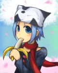  1girl amakase_minatsu banana blue_eyes blue_hair bust da_capo_ii eating food fruit hat petals scarf short_hair solo striped tokito_(star) 