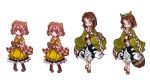  2girls animal_ears apron bell book boots brown_hair checkered dual_persona futatsuiwa_mamizou futatsuiwa_mamizou_(human) geta glasses hair_bell hair_ornament haori japanese_clothes leaf leaf_on_head lowres motoori_kosuzu multiple_girls open_book orange_hair pixel_art raccoon_ears raccoon_tail scarf tabi tail touhou twintails unk_kyouso 