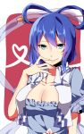  1girl blue_eyes blue_hair breasts cleavage dress finger_to_mouth hair_ornament hair_rings hair_stick heart kaku_seiga large_breasts solo touhou vest yarawi 