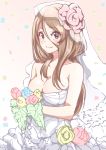  1girl bare_shoulders blush bouquet breasts bride brown_eyes brown_hair cleavage dress extra flower hair_flower hair_ornament k-on! large_breasts long_hair looking_at_viewer rough sakayama_shinta smile solo tachibana_himeko veil wedding_dress 