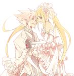  alternate_costume bare_shoulders blazblue blonde_hair carrying dress flower formal frills gloves hair_flower hair_ornament holding_hands long_hair male rachel_alucard ragna_the_bloodedge red_eyes ryolove silver_hair smile suit thigh-highs tuxedo twintails veil wedding wedding_dress white_suit 