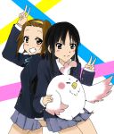  2girls akiyama_mio animal bird black_eyes black_hair blush dera_mochimazzui highres k-on! kyoto_animation left-handed long_hair multiple_girls school_uniform smile tainaka_ritsu tamako_market 