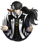  1boy black_hair cuffs feathers gyakuten_saiban hair_over_one_eye handcuffs highres jacket long_hair male mikami mouth_hold multicolored_hair necktie ponytail solo two-tone_hair white_hair yuugami_jin 