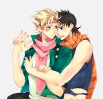  2boys black_hair blonde_hair blue_eyes caesar_anthonio_zeppeli facial_mark feathers fingerless_gloves gloves green_eyes green_jacket haine_(howling) headband interlocked_fingers jacket jojo_no_kimyou_na_bouken joseph_joestar_(young) midriff multiple_boys scarf 