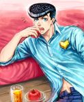  1boy apple black_hair blue_eyes casual eating food fruit heart higashikata_jousuke iduki-daku jojo_no_kimyou_na_bouken juice kotatsu pompadour solo table 