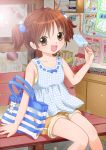 1girl bag bench brown_eyes brown_hair child hair_bobbles hair_ornament happy original popsicle purse short_hair short_twintails shorts sitting solo twintails 