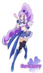  1girl akizuki_(kondou_kyouhei) aono_miki black_legwear boots bow character_name choker cure_berry derivative_work fresh_precure! hairband hand_on_hip heart long_hair magical_girl midriff navel precure purple_hair ribbon skirt smile solo thigh-highs very_long_hair violet_eyes white_background wrist_cuffs 