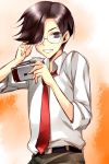 1boy aoi_norio asou_riku brown_eyes brown_hair camera glasses grin machi_(game) male necktie school_uniform smile solo 