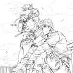  2boys bloody_stream bubble bubble_gum caesar_anthonio_zeppeli contemporary fingerless_gloves gloves headband jojo_no_kimyou_na_bouken joseph_joestar_(young) kuren midriff monochrome multiple_boys sitting torn_clothes torn_pants 