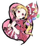  1girl alternate_costume blonde_hair blush fang flandre_scarlet hair_ribbon heart laevatein no_hat no_headwear open_mouth red_eyes ribbon short_hair side_ponytail smile solo touhou transpot_nonoko wings 